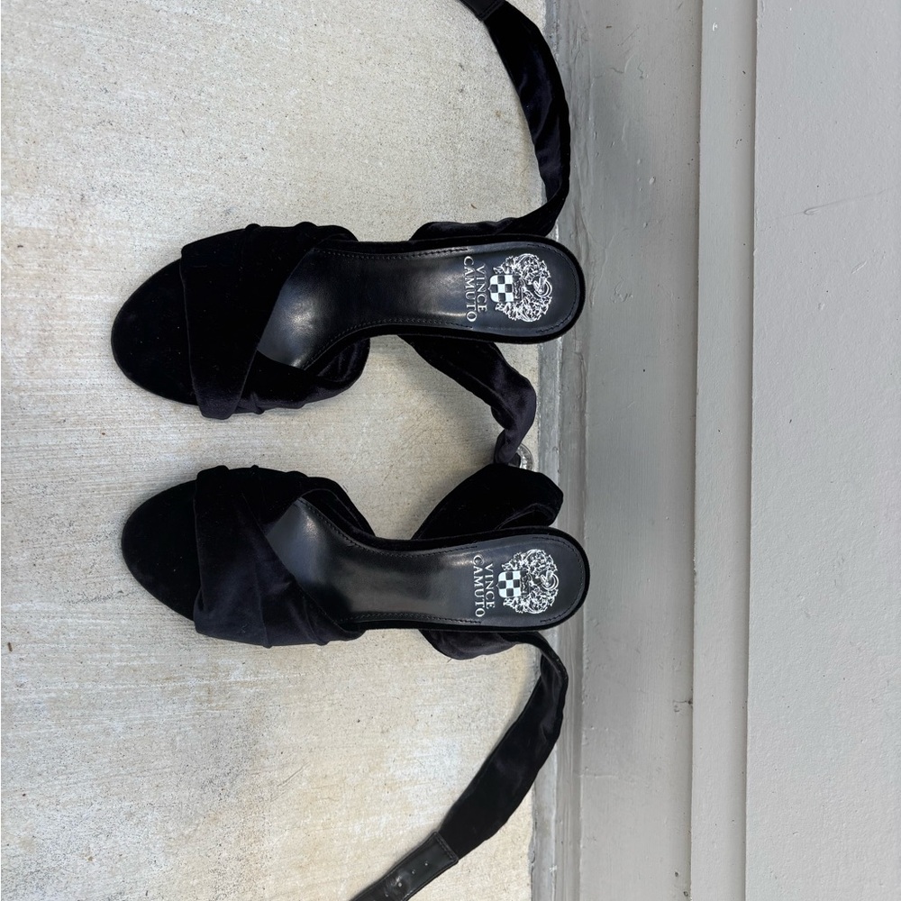 Vince Camuto Velvet Black Heeled Sandals with Ankle Strap